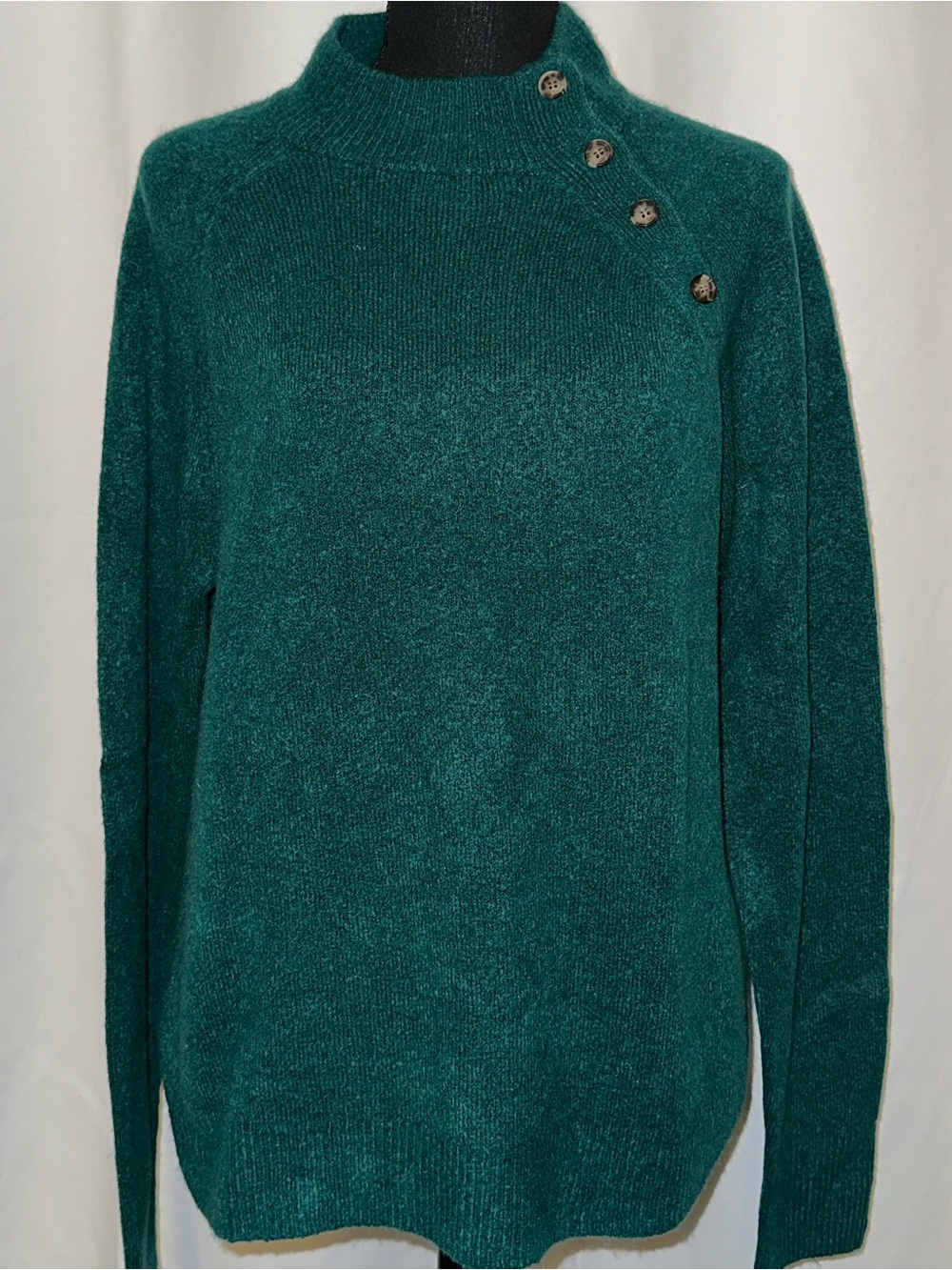 J. Crew Women’s Plush Emerald Green Mock Neck Button-Shoulder Sweater NEW Medium